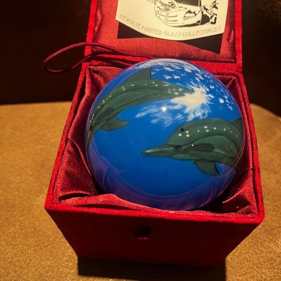 Christmas Dolphin Ornament Chase International Glass with Box - Picture 3 of 4